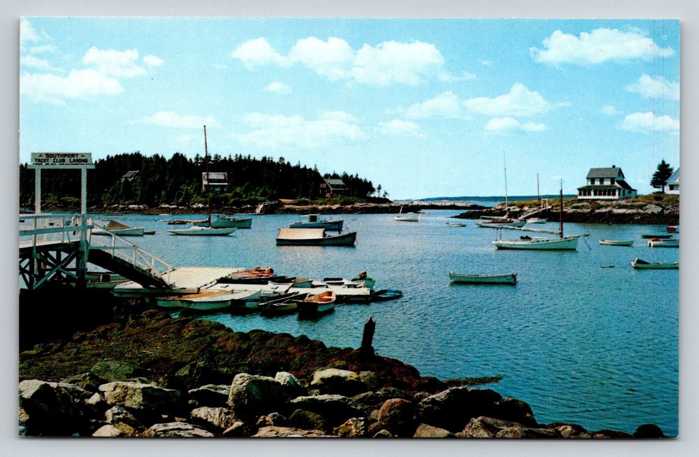 Cozy Harbor Southport Maine Yacht Club Boats Vintage Chrome Postcard