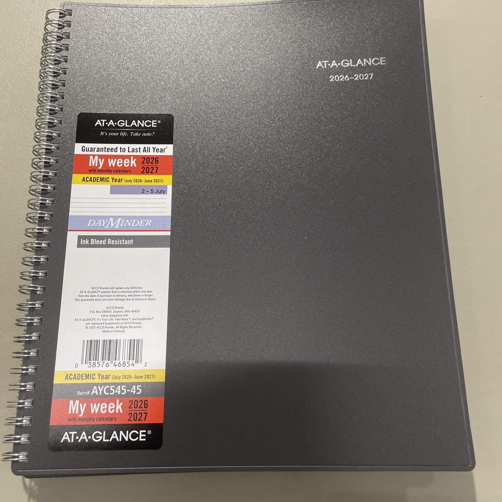 AT-A-GLANCE 2026-2027 Academic Planner Weekly Monthly 8.5x11 Charcoal DayMinder