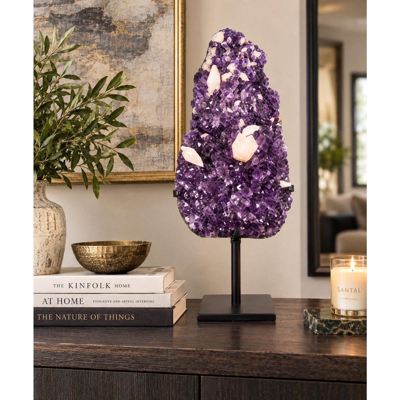 Large Brazilian Amethyst Cluster with Large Calcite Points on Stand