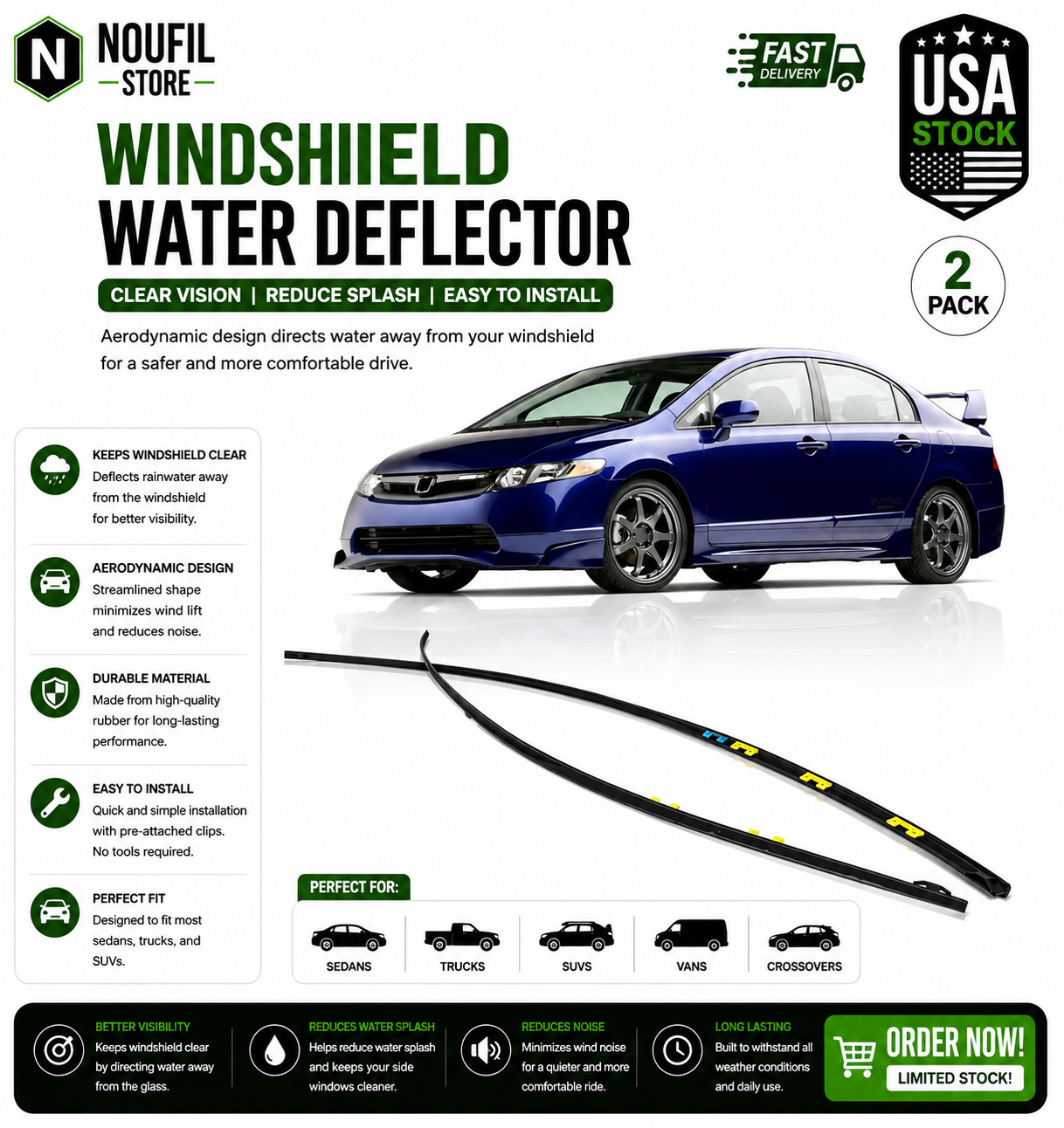 Drip Side Molding for Honda Civic 2006 2007 2008 2009 2010 2011 Windshield Roof