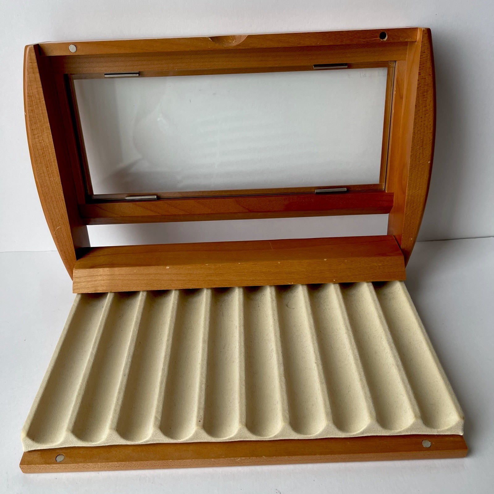 Vintage Levenger Natural Cherry Wood 10-Pen Display Case Glass Top View