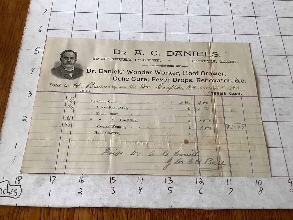 Original 1890 dr a c daniels - boston ma - hoof grower, colic cure, fever drops