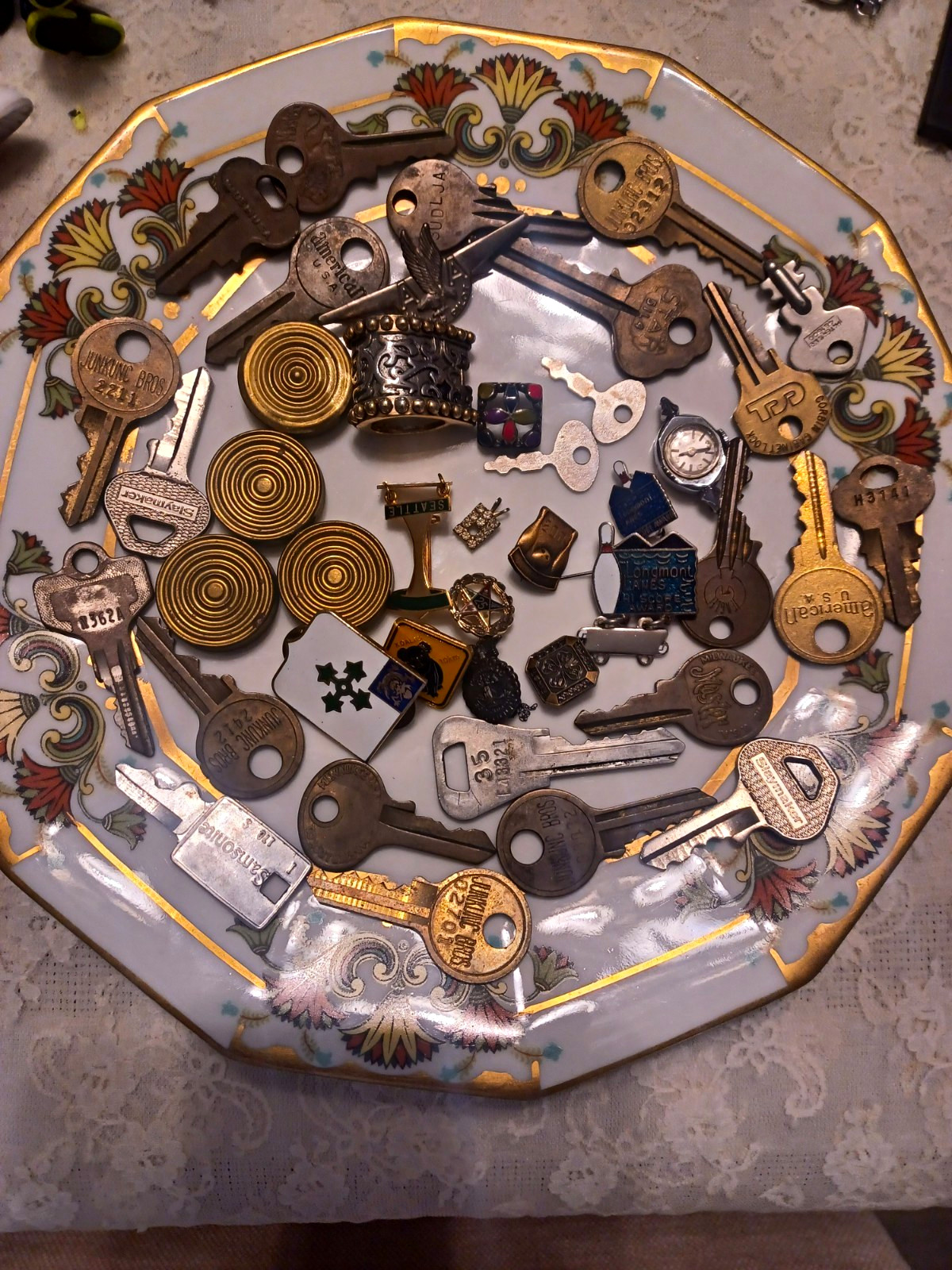 Junk Drawer Lot Vintage Keys Lapel Pins Miscellaneous 