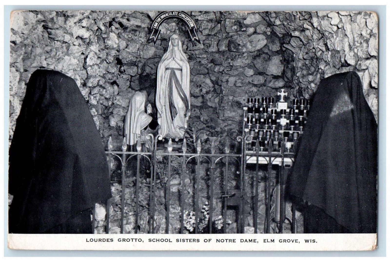 c1940's Lourdes Grotto School Sisters of Notre Dame Elm Grove WI Postcard