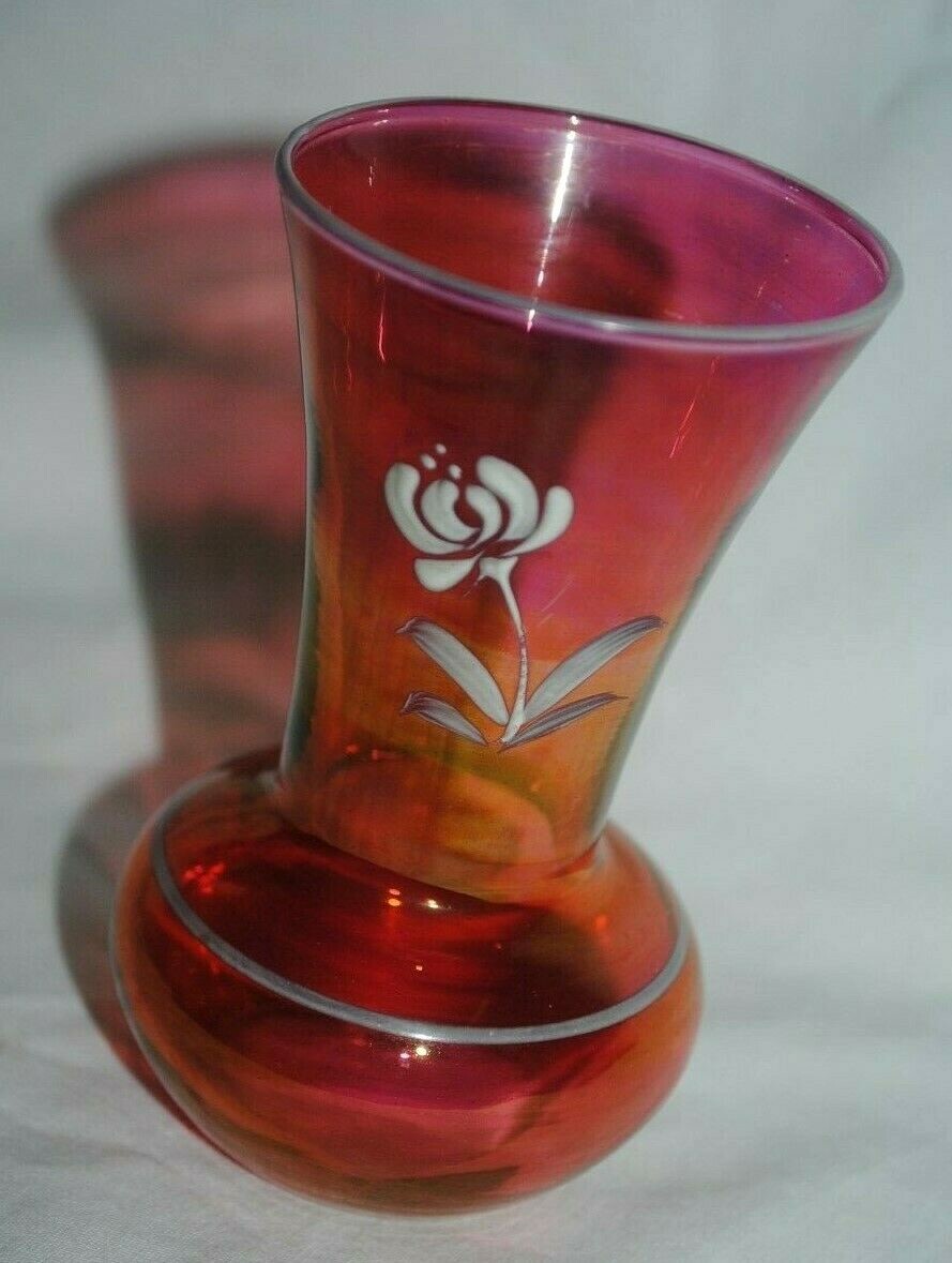 Vintage post-War carnival glass bud vase, red, painted flower, 4