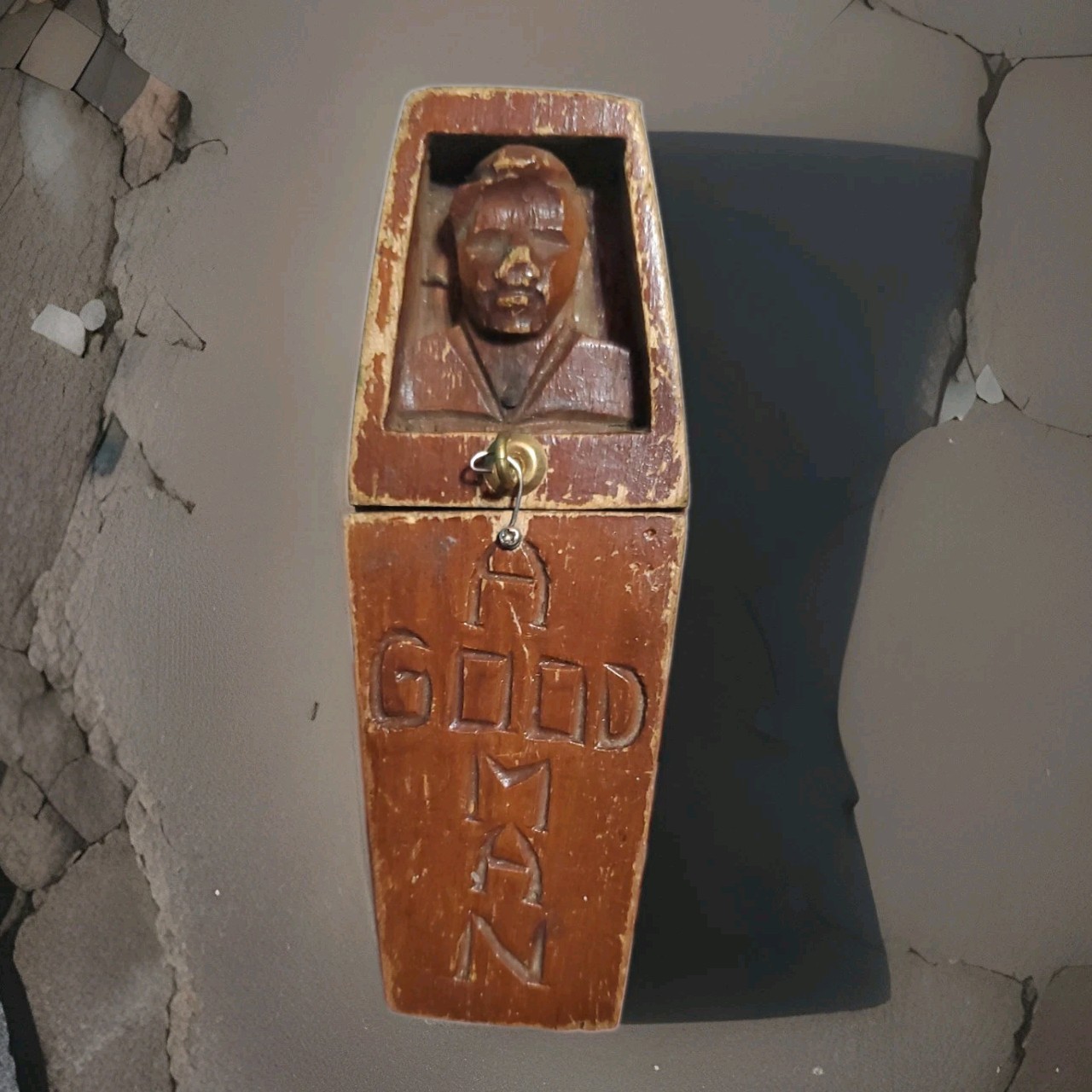 Vintage Carved Wood Coffin,   “A GOOD MAN” Novelty With A Spring Penis, RARE