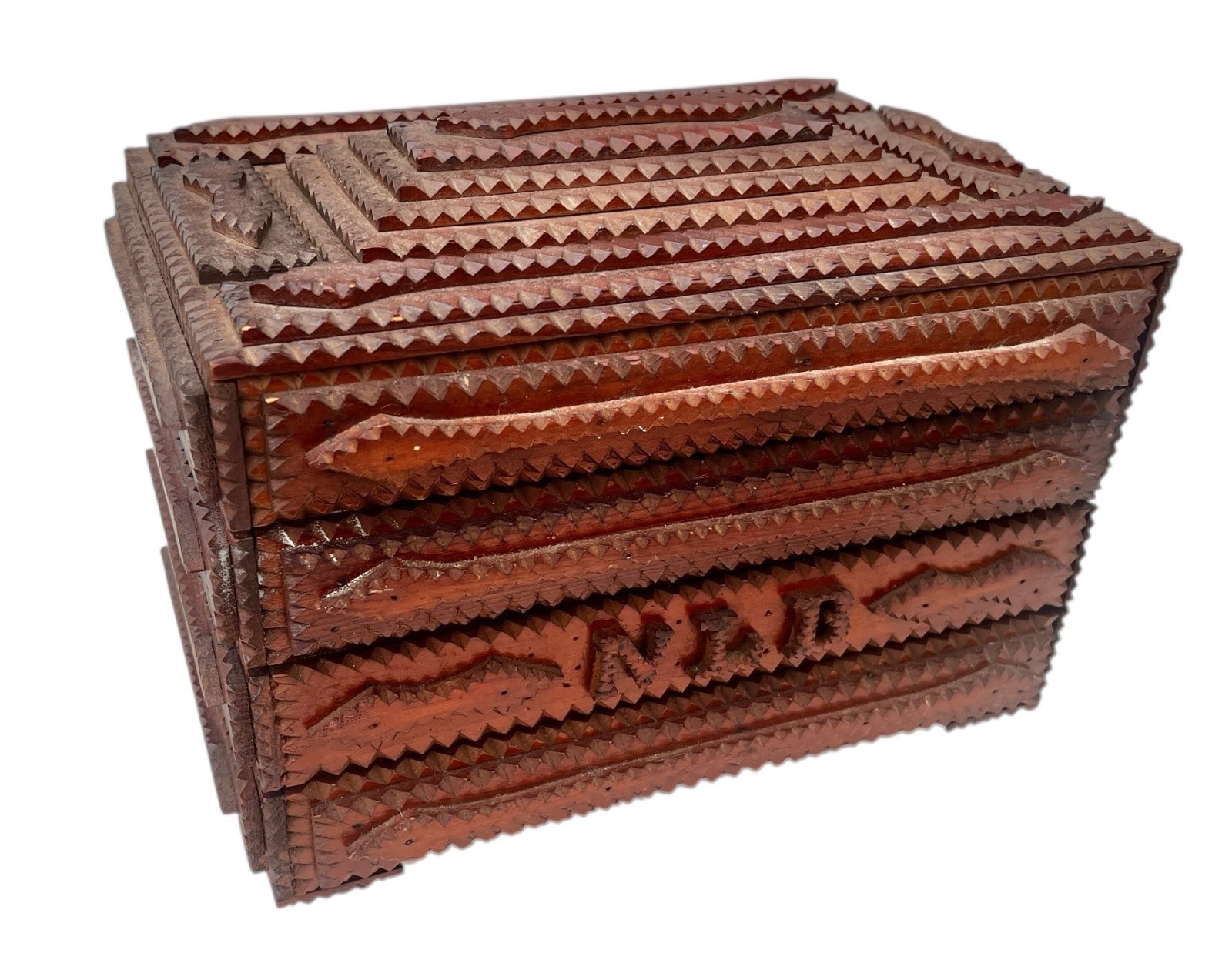 Tramp Art Box With Lid Dated 1956 Initialed NLB Wood 13x9x10” Collectible