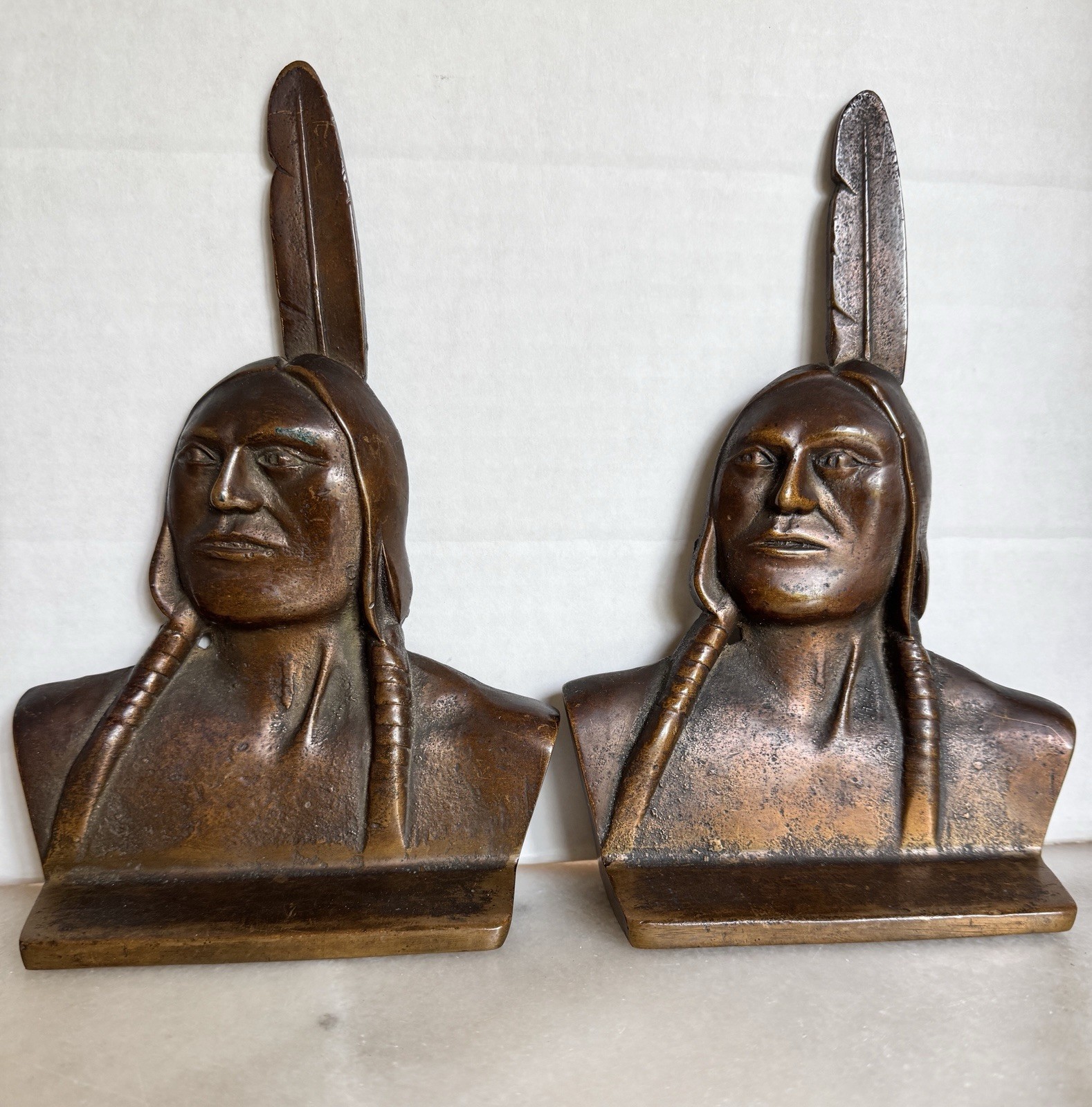 Rare Antique 1920s George J. Faneuf Solid Bronze Native American Chief Bookends