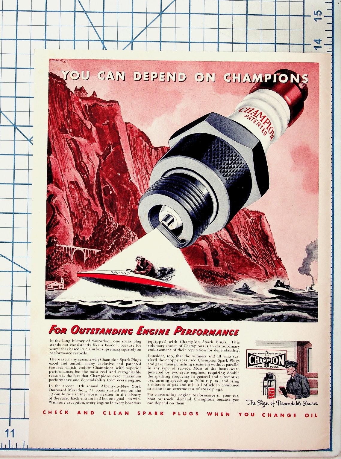 Vintage 1930s Champion Spark Plug Ad Speed Boat Racing Ephemera Magazine Print