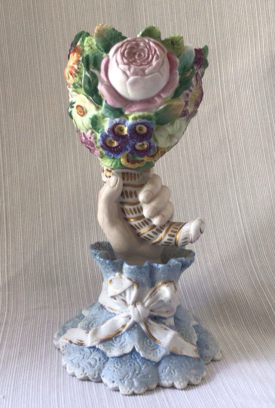 c. 1880 Victorian Encrusted Bisque Porcelain Hand Cornucopia Spill Vase