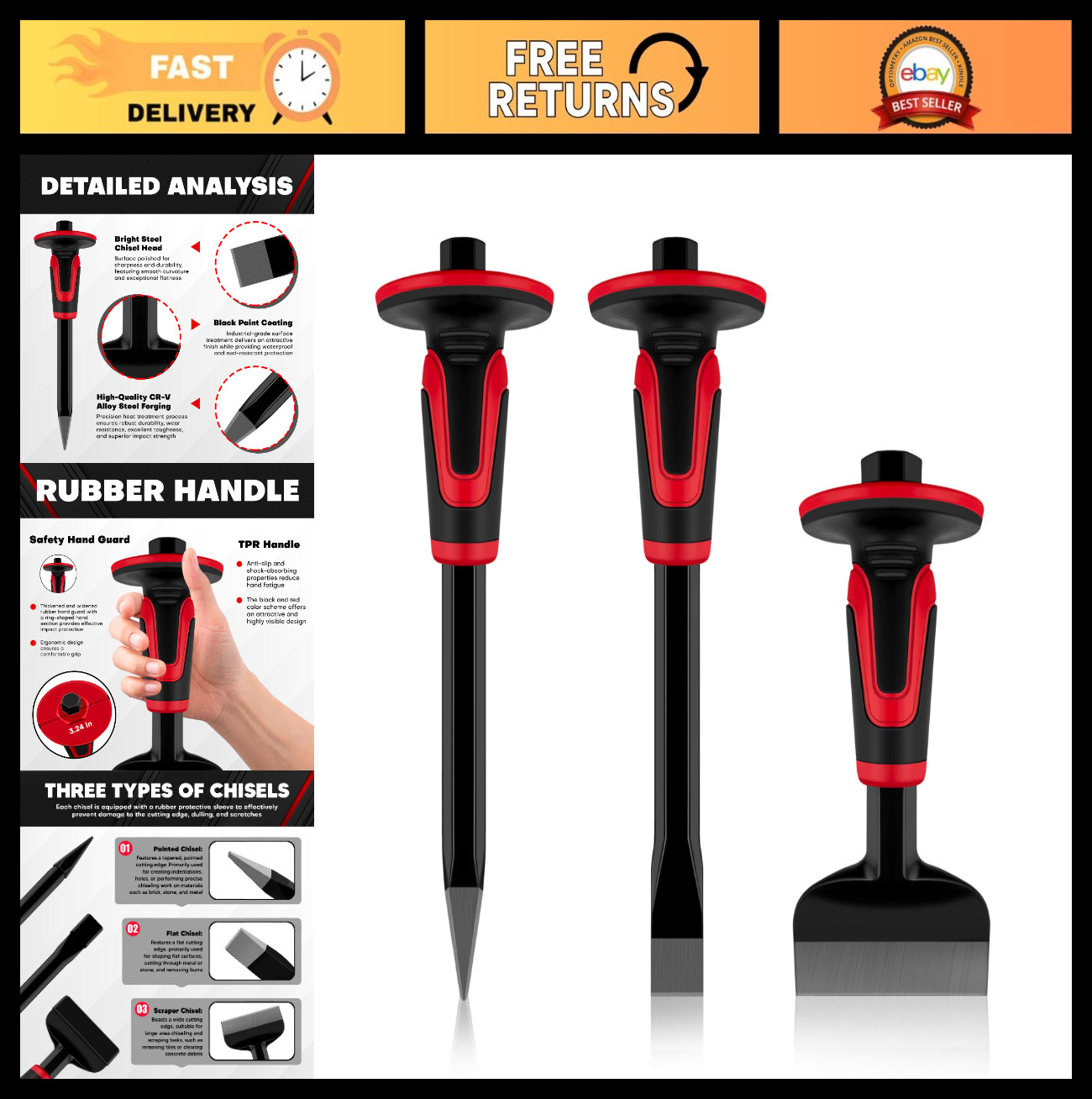 3Pcs Heavy Duty Masonry Chisel Set with Hand Guard - Stone & Rock Tools for Brea