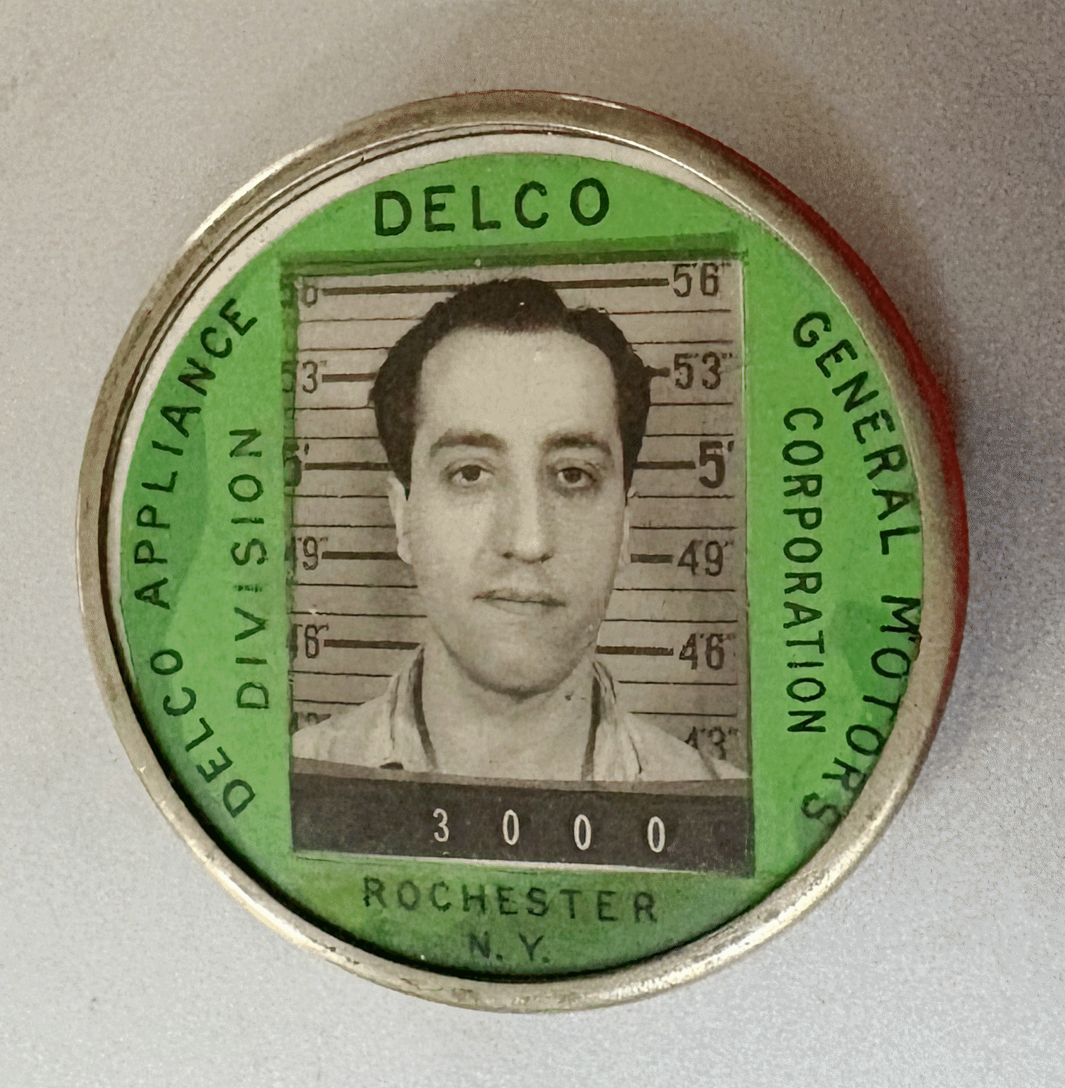Vtg DELCO APPLIANCE DIVISION WWII-Era EMPLOYEE ID PHOTO BADGE: GM; Rochester NY