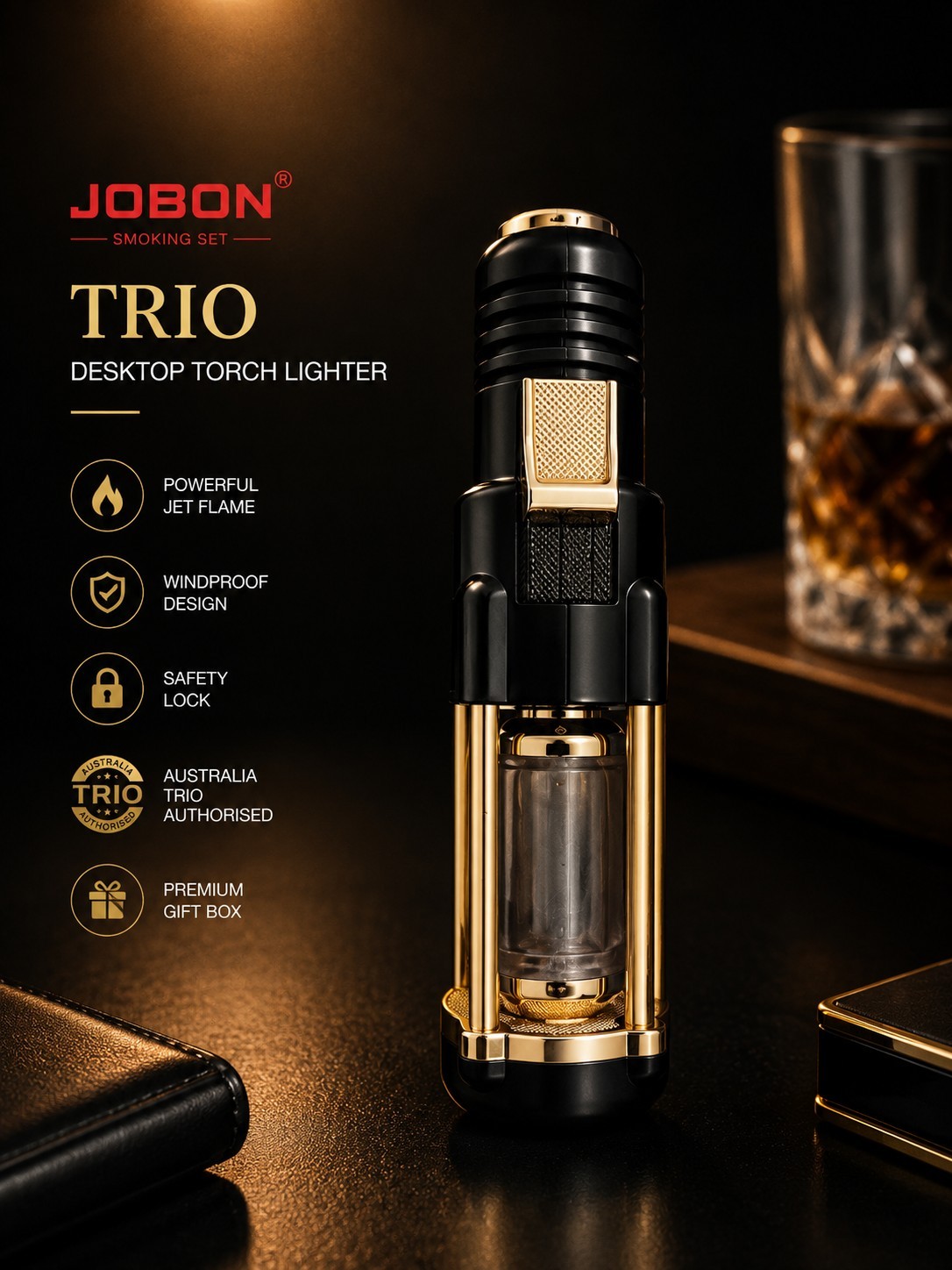 JOBON TRIO Luxury Desktop Torch Lighter Windproof Butane Gift Box