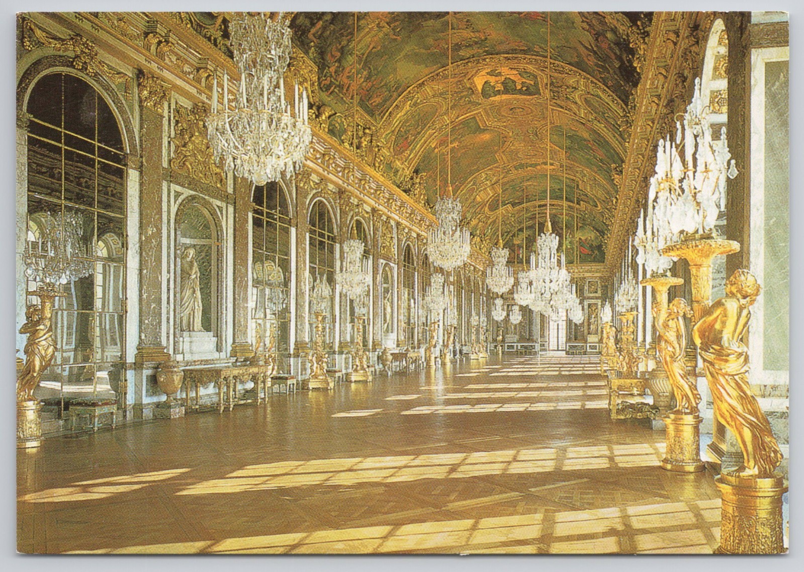 Palace of Versailles France Hall of Mirrors Chandeliers Gold Postcard