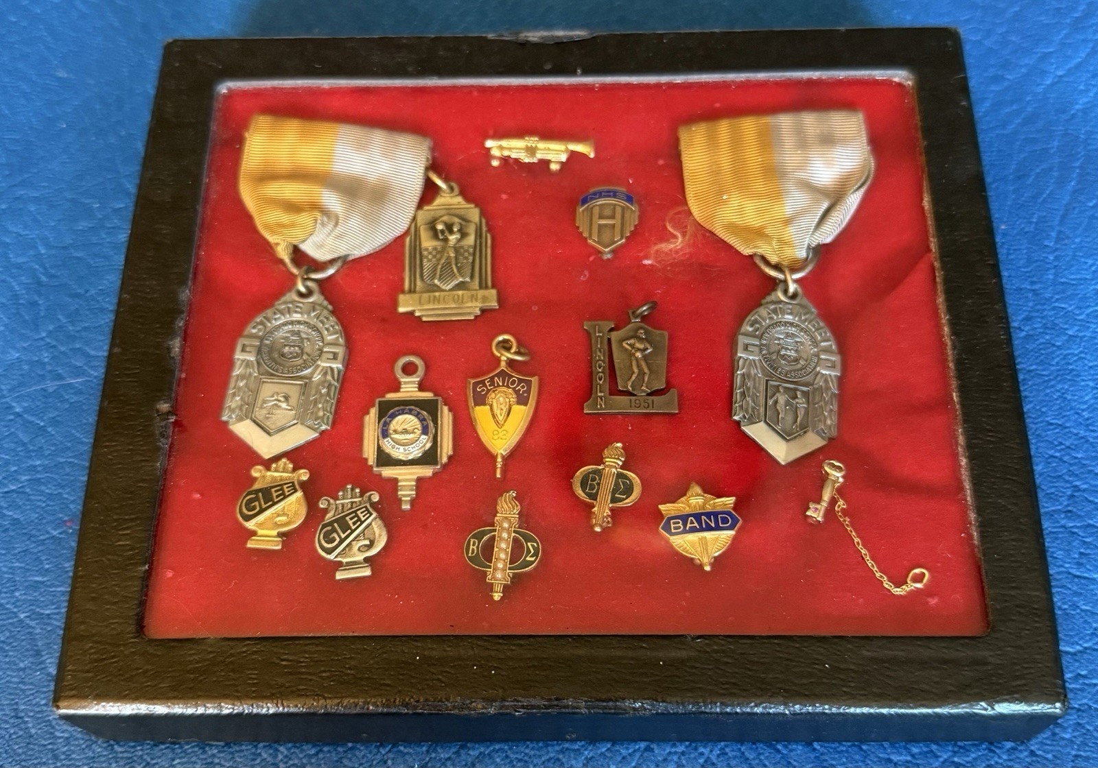 Vintage HS-College-Awards-Orgs in Display Case Mixed Metals