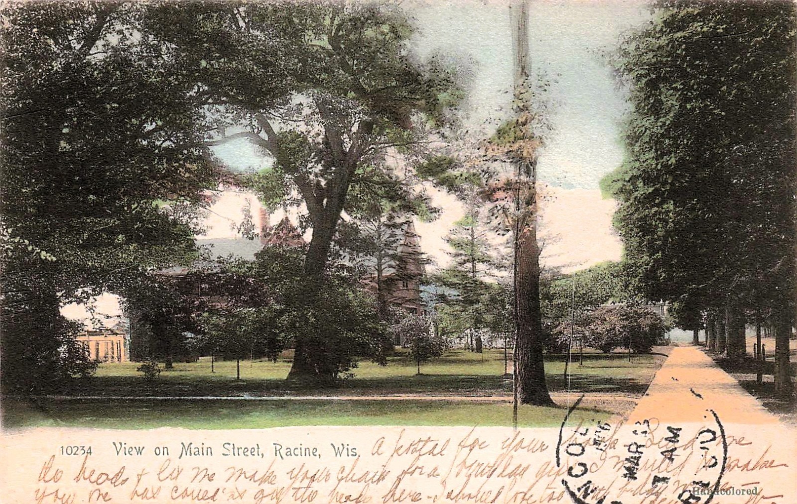 Racine WI Wisconsin Main Street Tree Lined View Hand Colored Vtg Postcard 19A