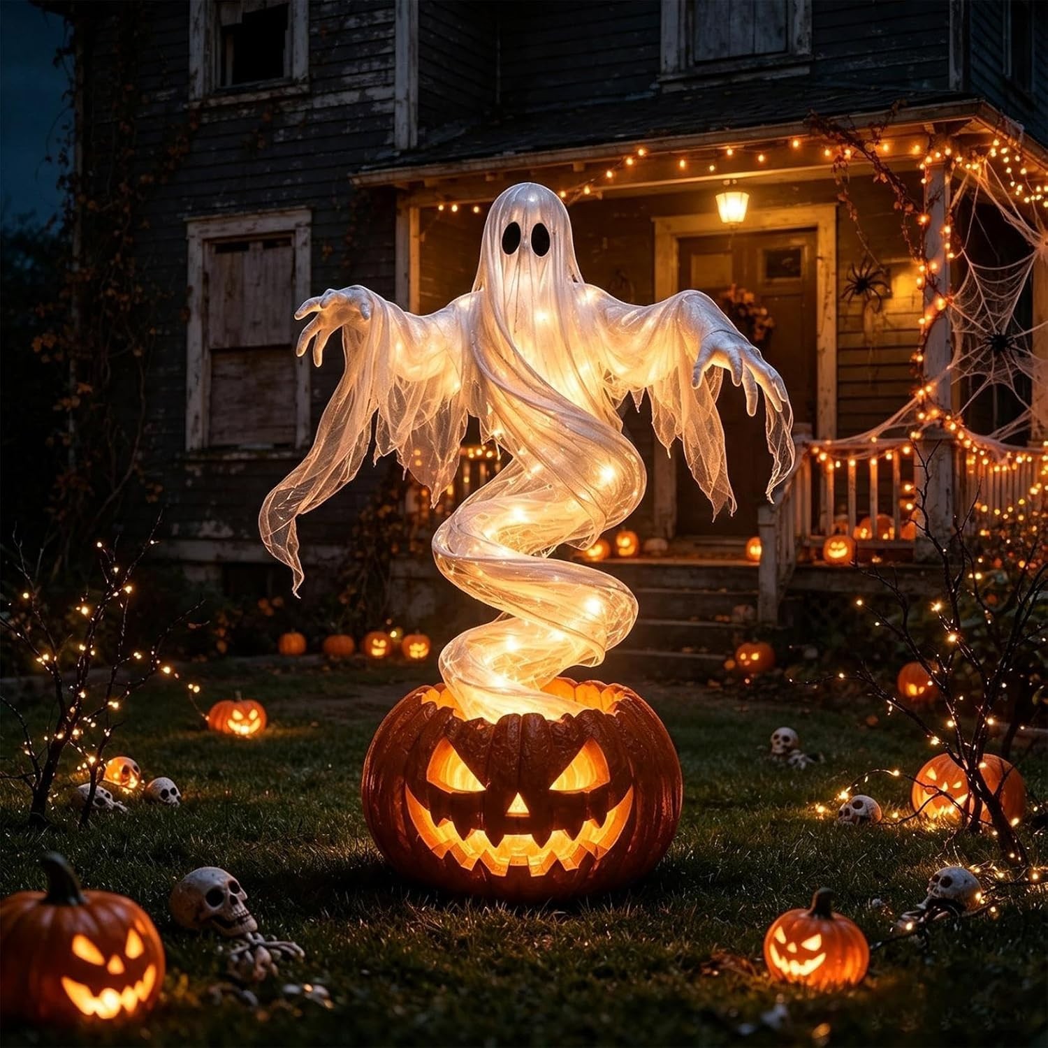 LED Swirling Ghost Pumpkin Yard Lamp | Lighted Halloween Garden Decor, Outdoor L