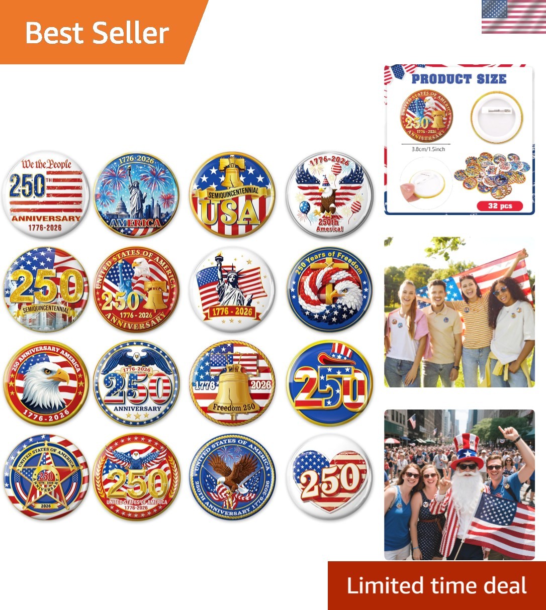 Meticulously Crafted 32-Pin Set for 250th Anniversary & 4th of July Festivities