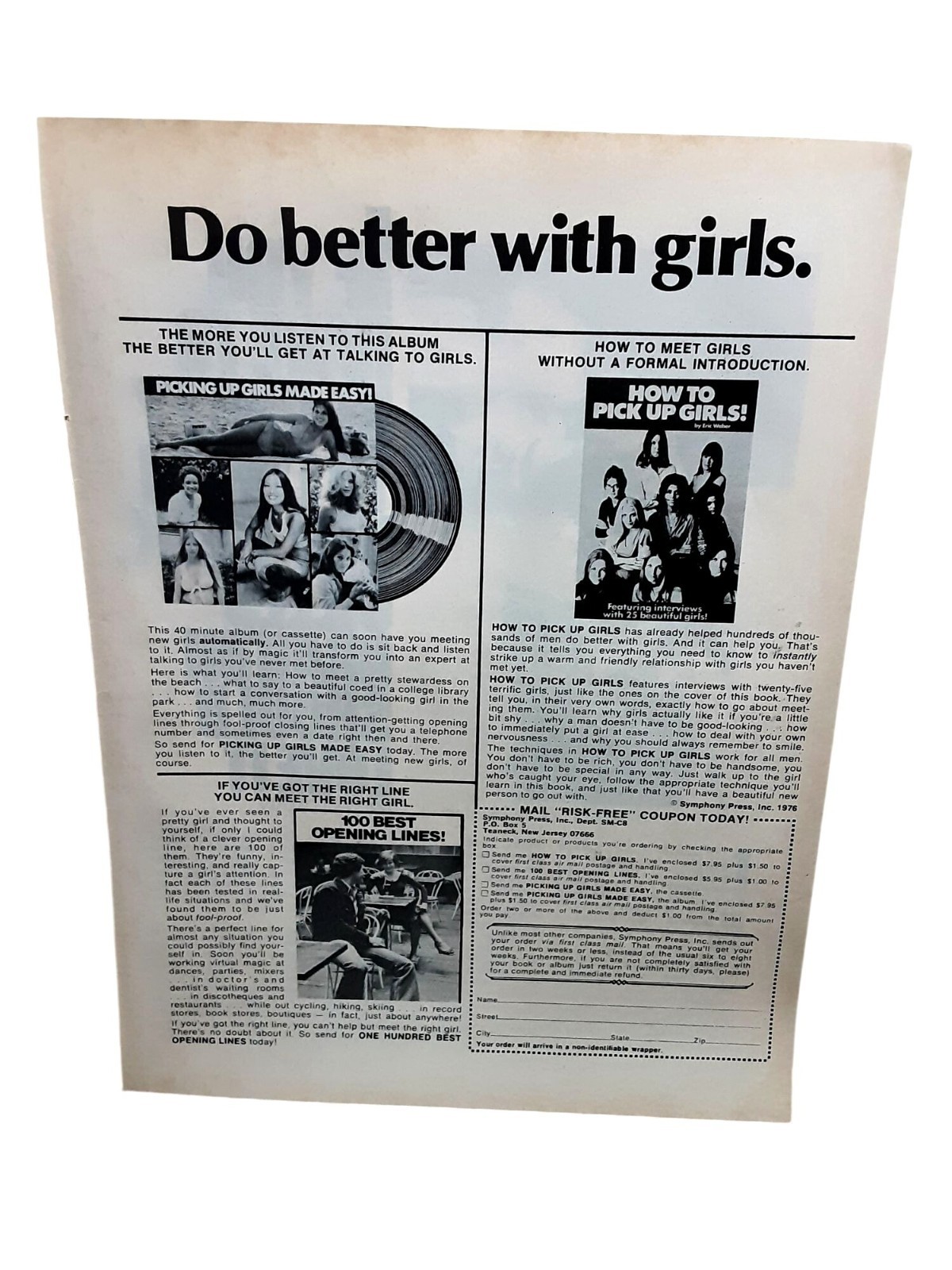 1976 Pick Up Girls Dating Tips Novelty Mail Order Vintage Print Ad Humor