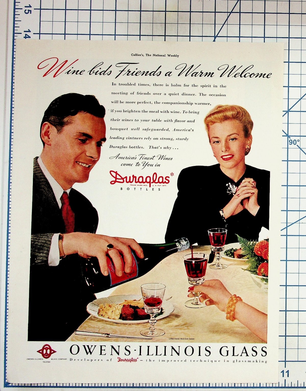 Vintage Owens-Illinois Duraglas Wine Bottle Ad Collier\'s Magazine 1940s-50s