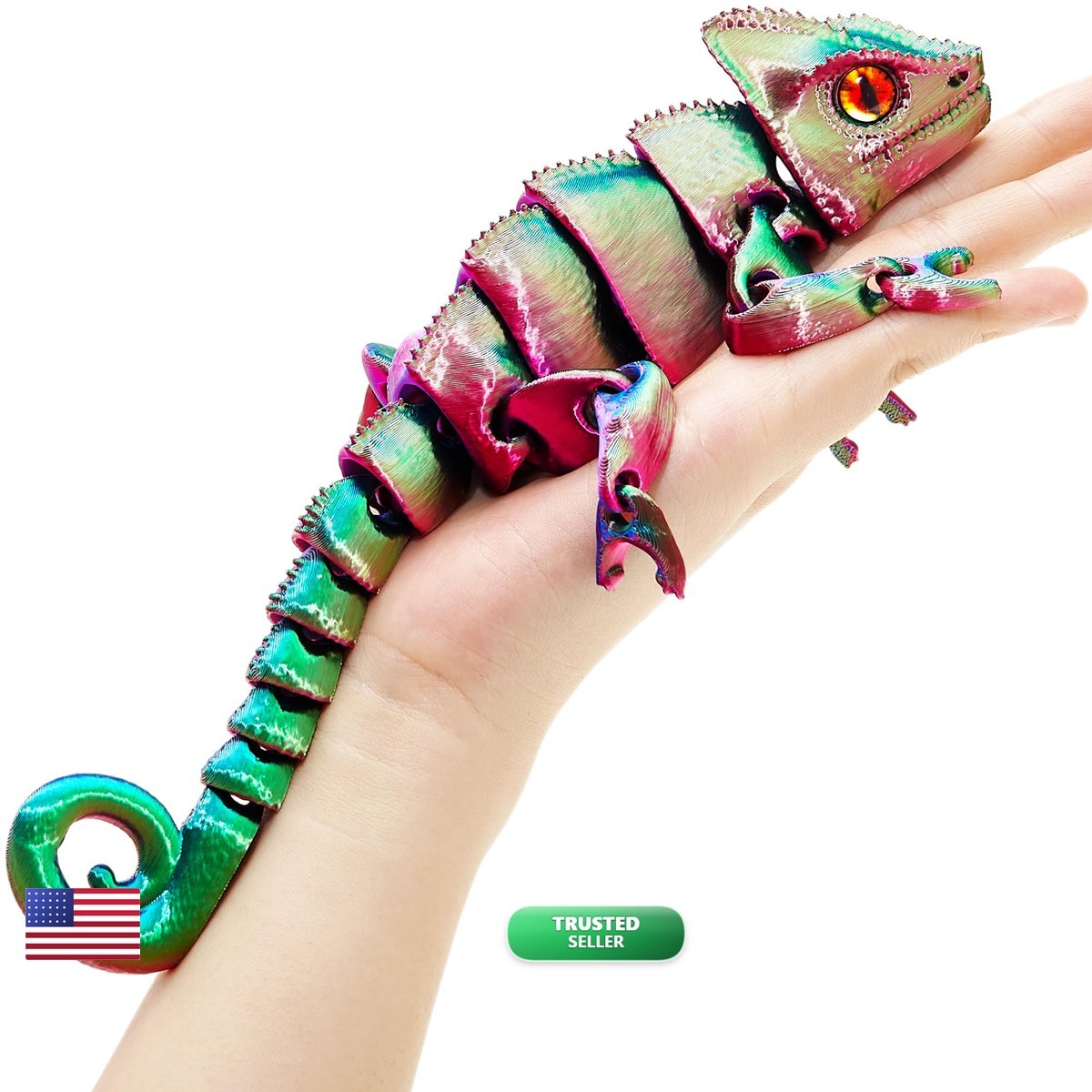 Maxdecoer 3D Printed Articulated Chameleon Lizard Toy, Iridescent Green Blue