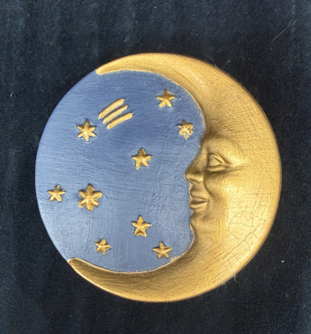 Vintage 1992 CELESTIAL by VANDOR Crescent Moon & Stars Blue & Gold Trinket Box