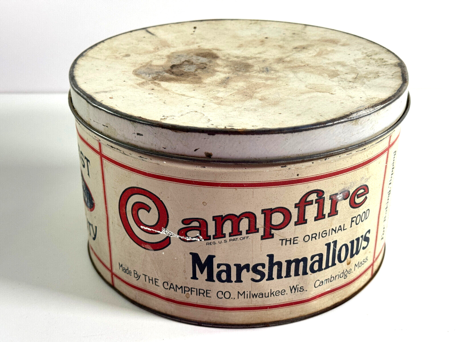 Original vtg Campfire Marshmallows 5lb tin Milwaukee WI Cambridge MA #1