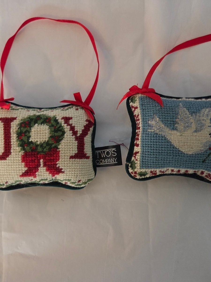 Two's Company Wool Needlepoint Christmas Ornaments Pair JOY Dove Cottagecore