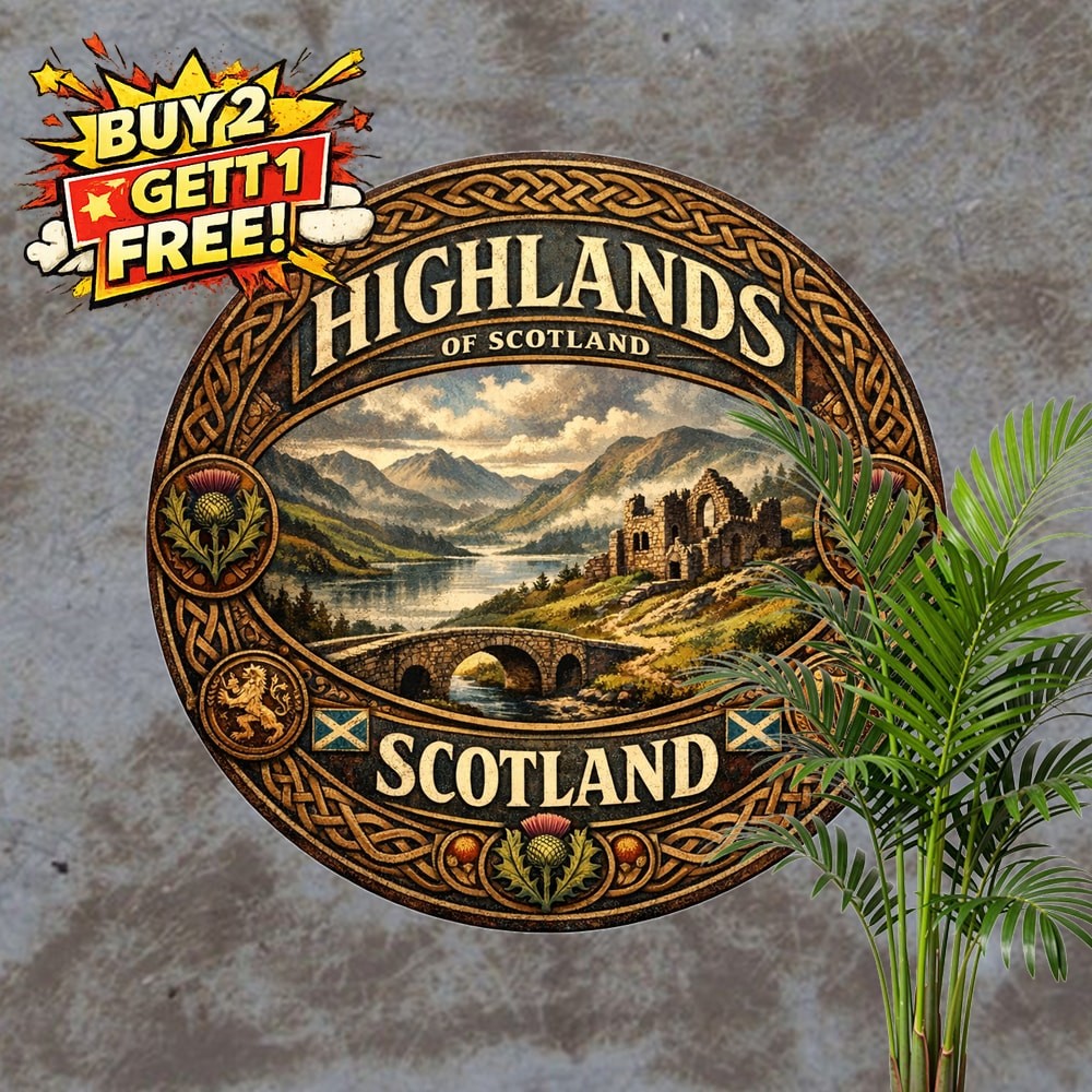 Highlands of Scotland Scenic Round Tin Sign Vintage Metal Wall Decor 8x8
