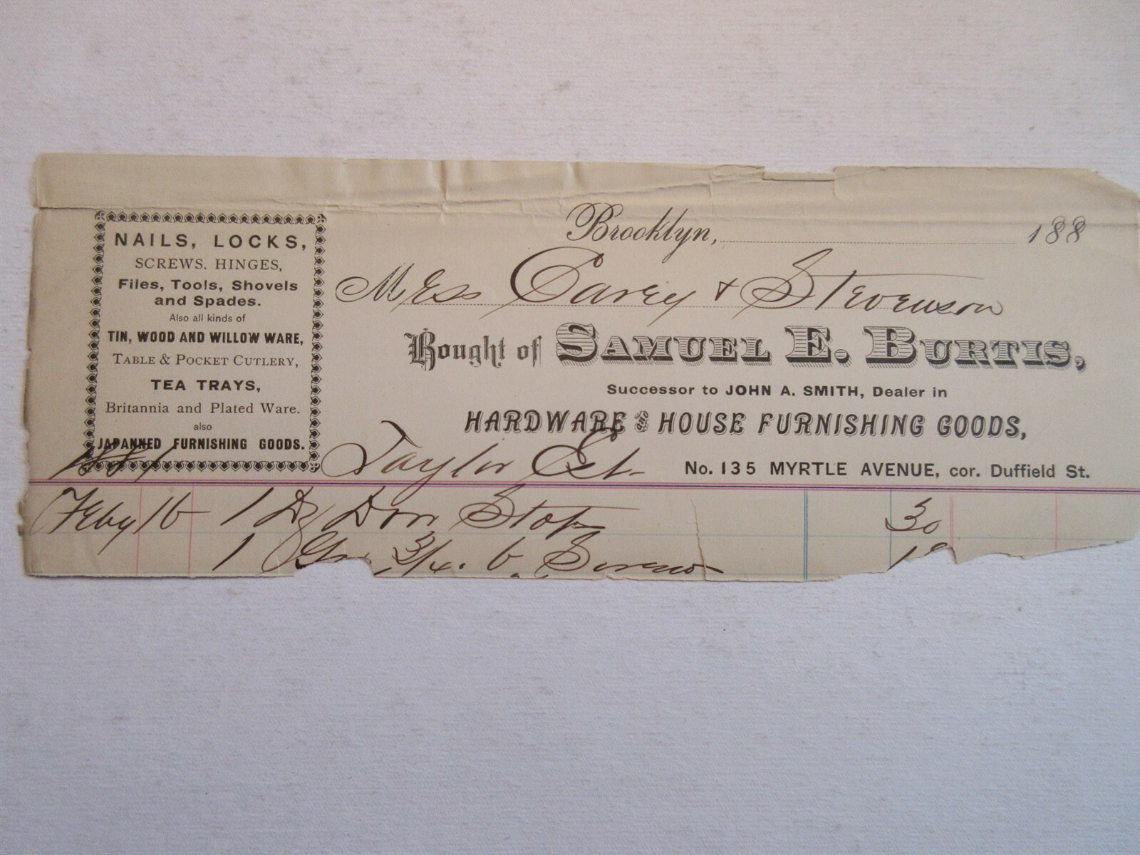 1880's Samuel E. Burtis Hardware & House Furnishings bill Myrtle Brooklyn NY 1880's Samuel E. Burtis Hardware & House Furnishings bill Myrtle Brooklyn NY
