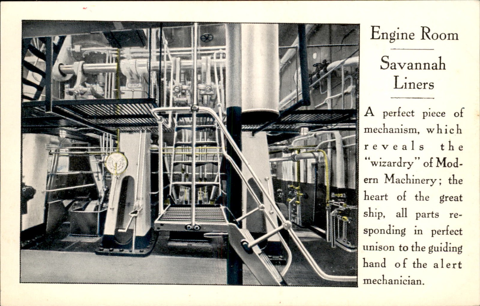 Ship Engine Room Transportation Savannah Liner Steamship c1910s Vintage Postcard