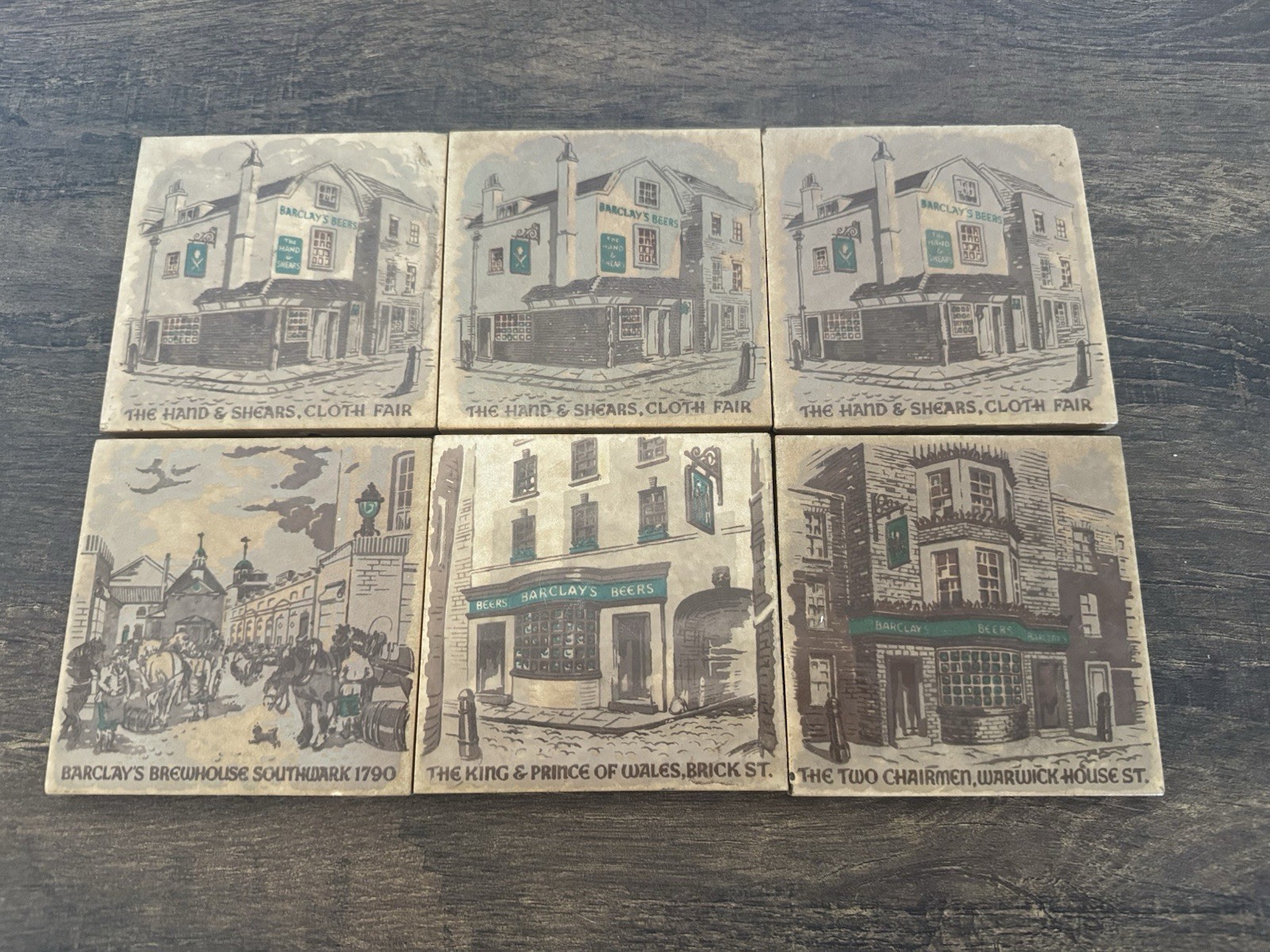 6 Vintage Richards England Ceramic Pub Tiles Barclay’s Beers London Breweriana