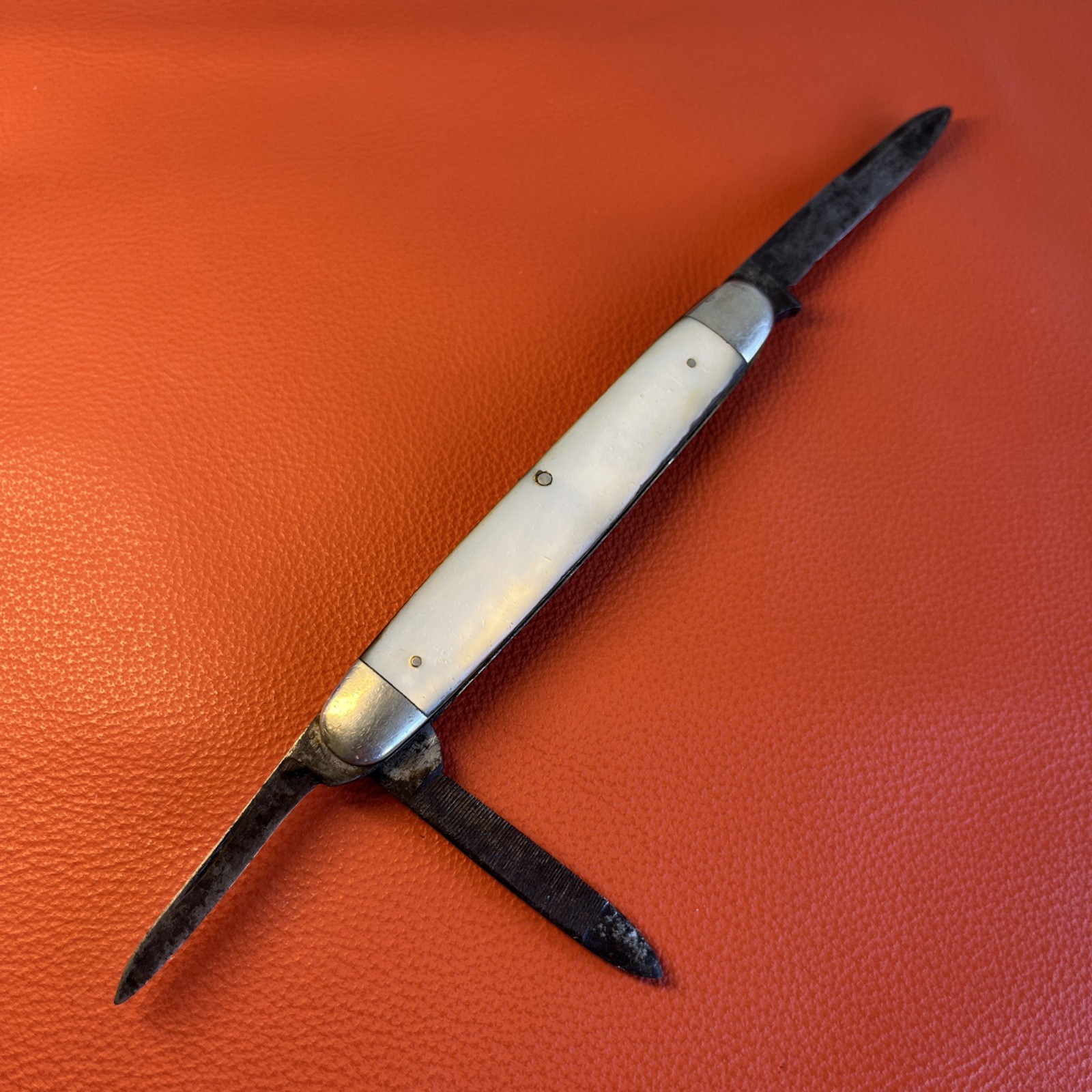 Antique 3-Blade Split-Back Whittler Pocket Knife White Handles 3.5in