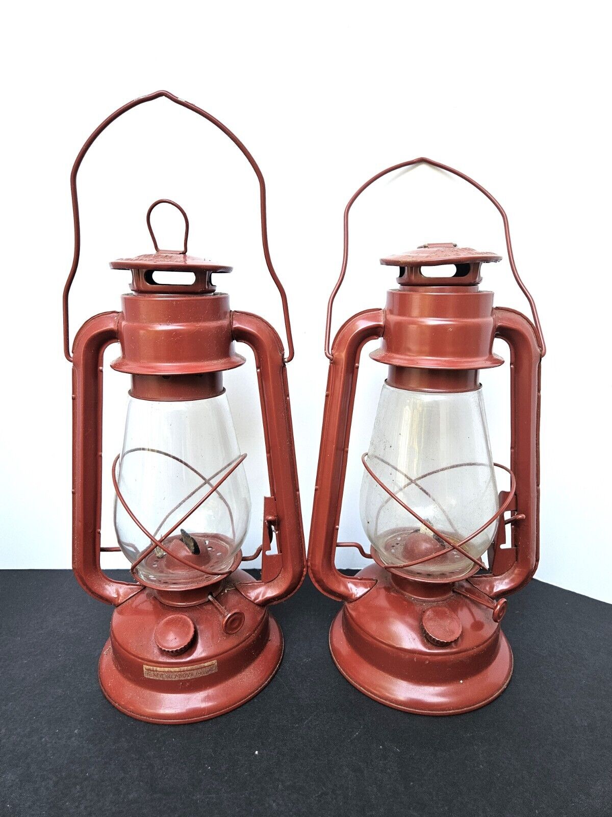 Pair of Red Kerosene Hurricane Lanterns Made In China