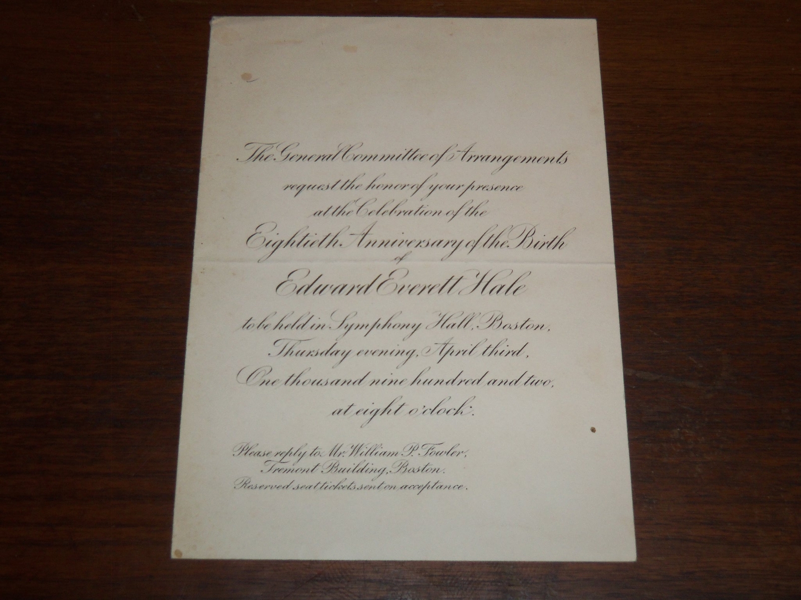 1902 EDWARD EVERETT HALE 80TH BIRTHDAY INVITATION - K 1212