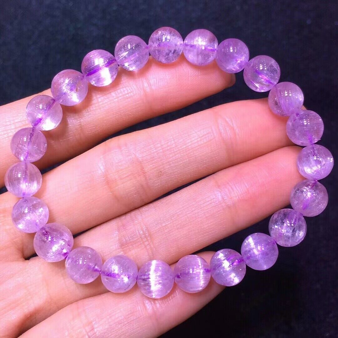 8mm Natural Purple Kunzite Gemstone Crystal Cat Eye Round Bead Woman Bracelet
