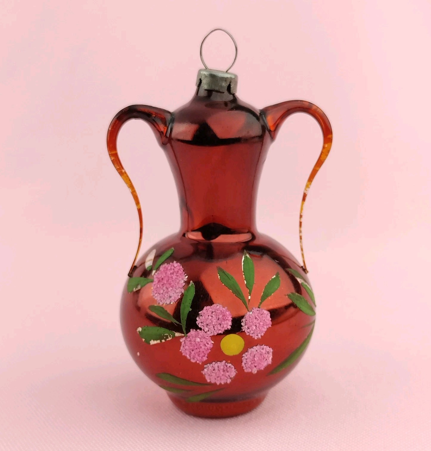 Vtg Red Mercury Glass Frosted Glitter Flower Double Handle Coffee Urn Ornament