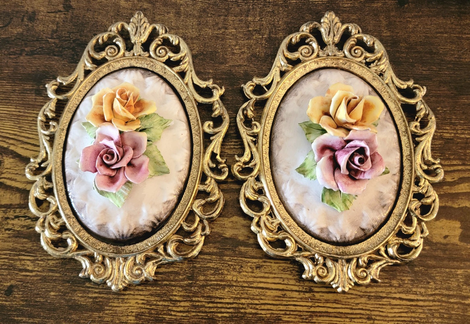 Vintage Capodimonte Italy Porcelain Floral Wall Plaques Gold filigree Frame Pair