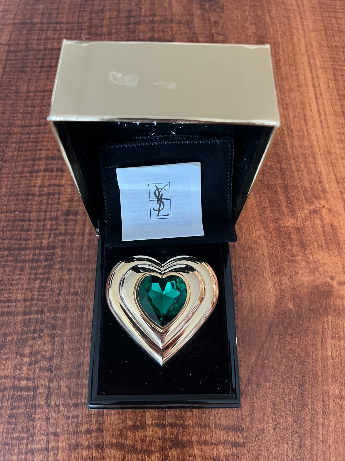 Vintage Yves Saint Laurent YSL Heart Jewel Powder Compact Green Gem Gold Tone