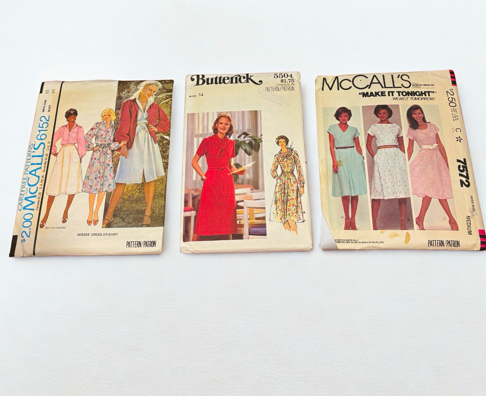 Lot of 3 Vtg 1970s/1980s Sewing Patterns McCall's 6152 7572 Butterick 5504 Dress