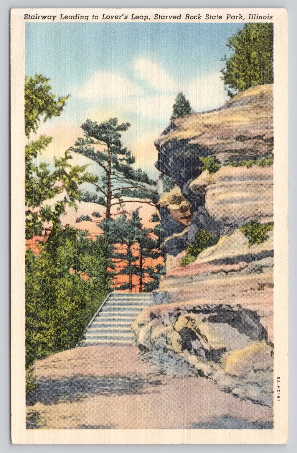 1941 Starved Rock State Park Lover\'s Leap Stairway Illinois Curteich Postcard