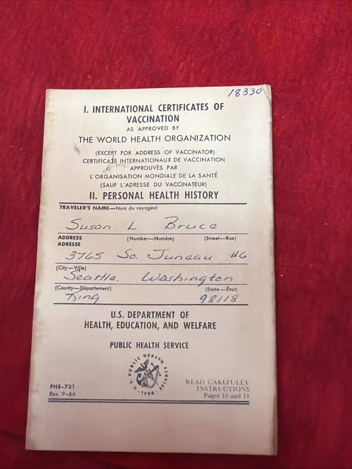 VINTAGE INTERNATIONAL CERTIFICATE OF VACCINATION issued  by WHO (9a)