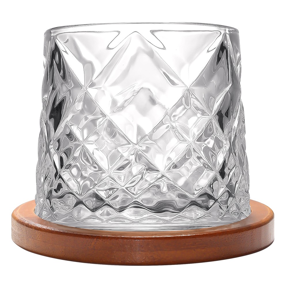 9oz Rotating Whiskey Glasses Set of 4 with Bamboo Coasters for Bourbon Scotch