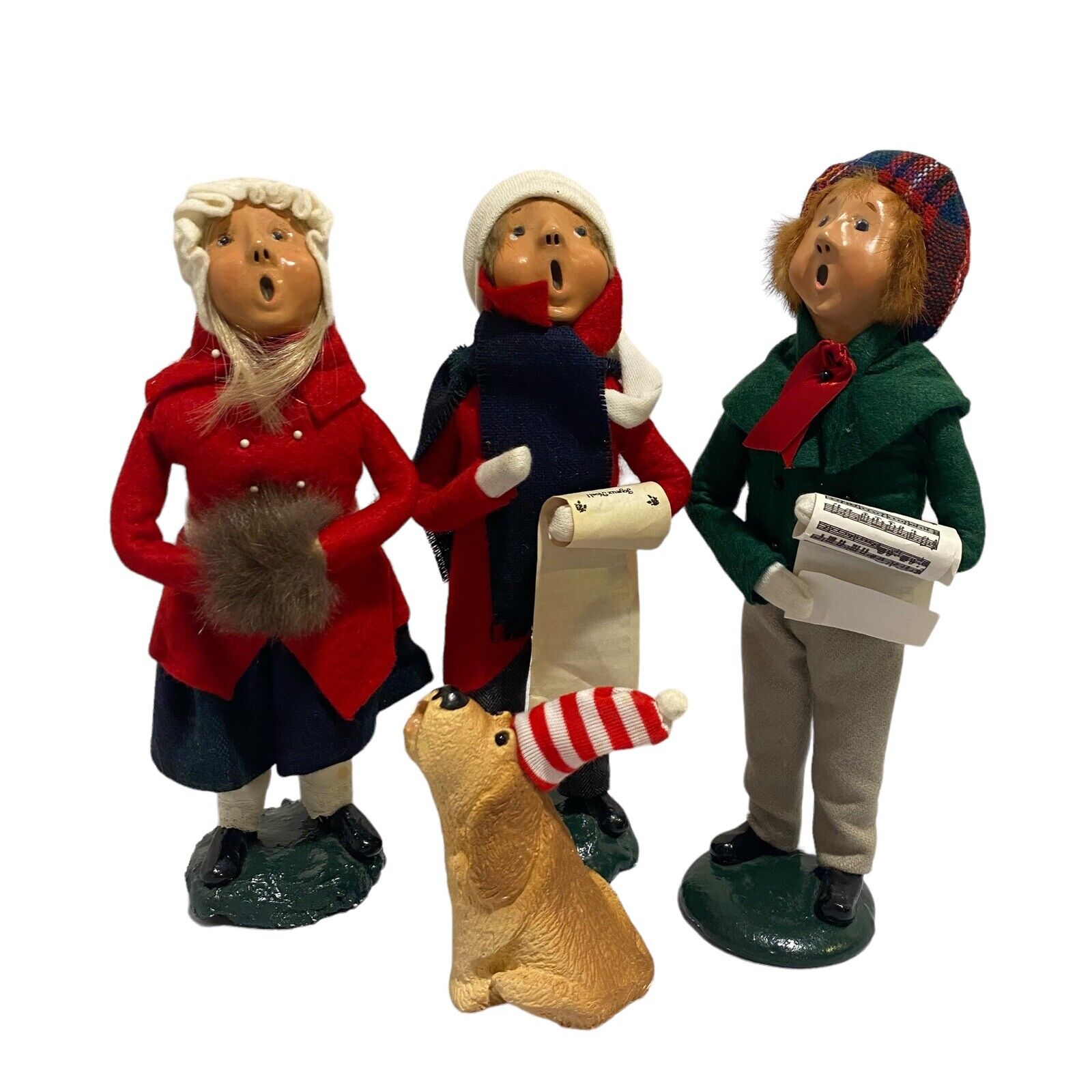 Vintage Byers Choice Set Of 3 Christmas Caroler Children Music Scroll & Dog