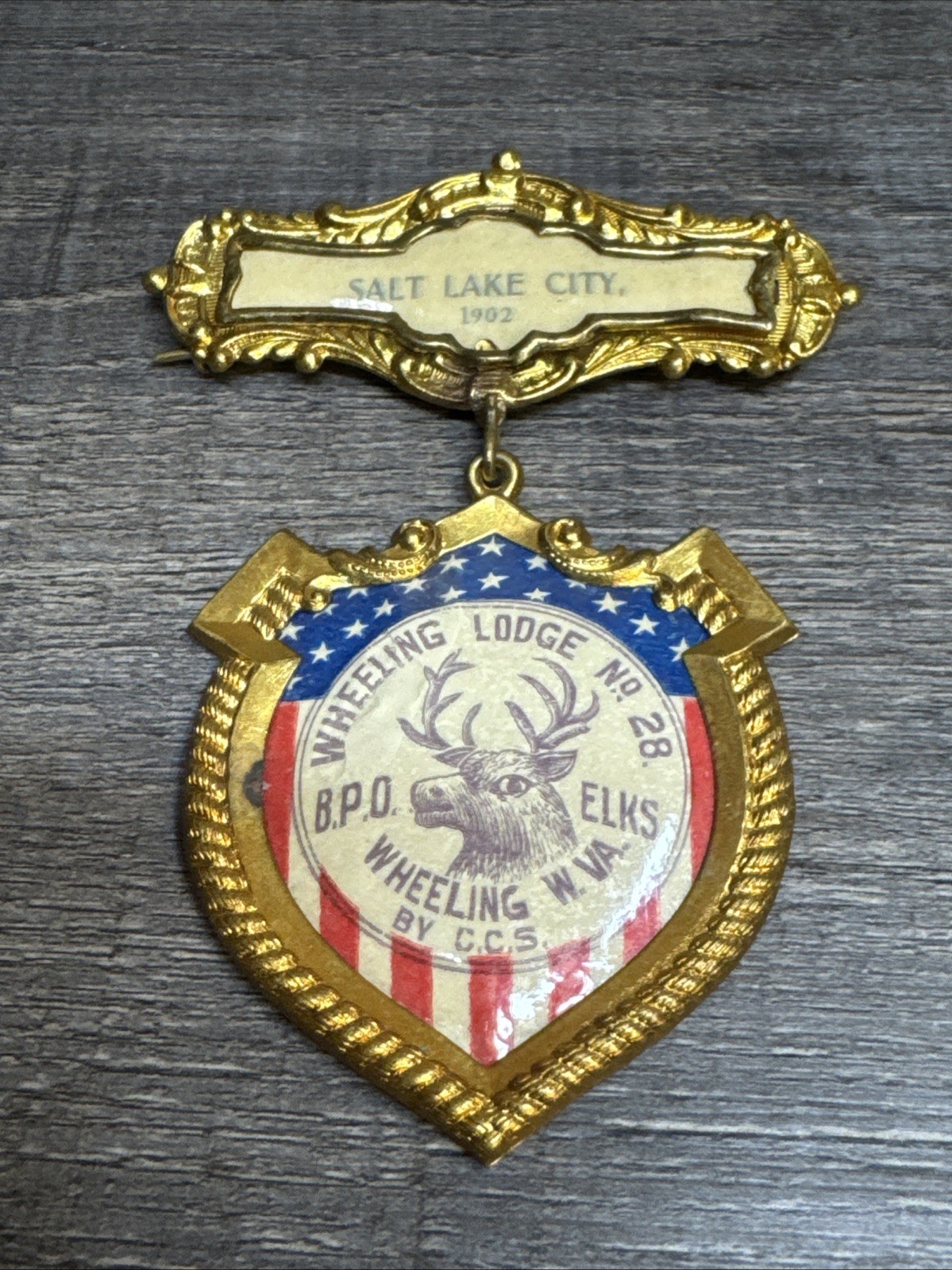 Rare Antique 1902 Salt Lake City Elks Lodge BPOE Ribbon Pin No 28 Wheeling WV