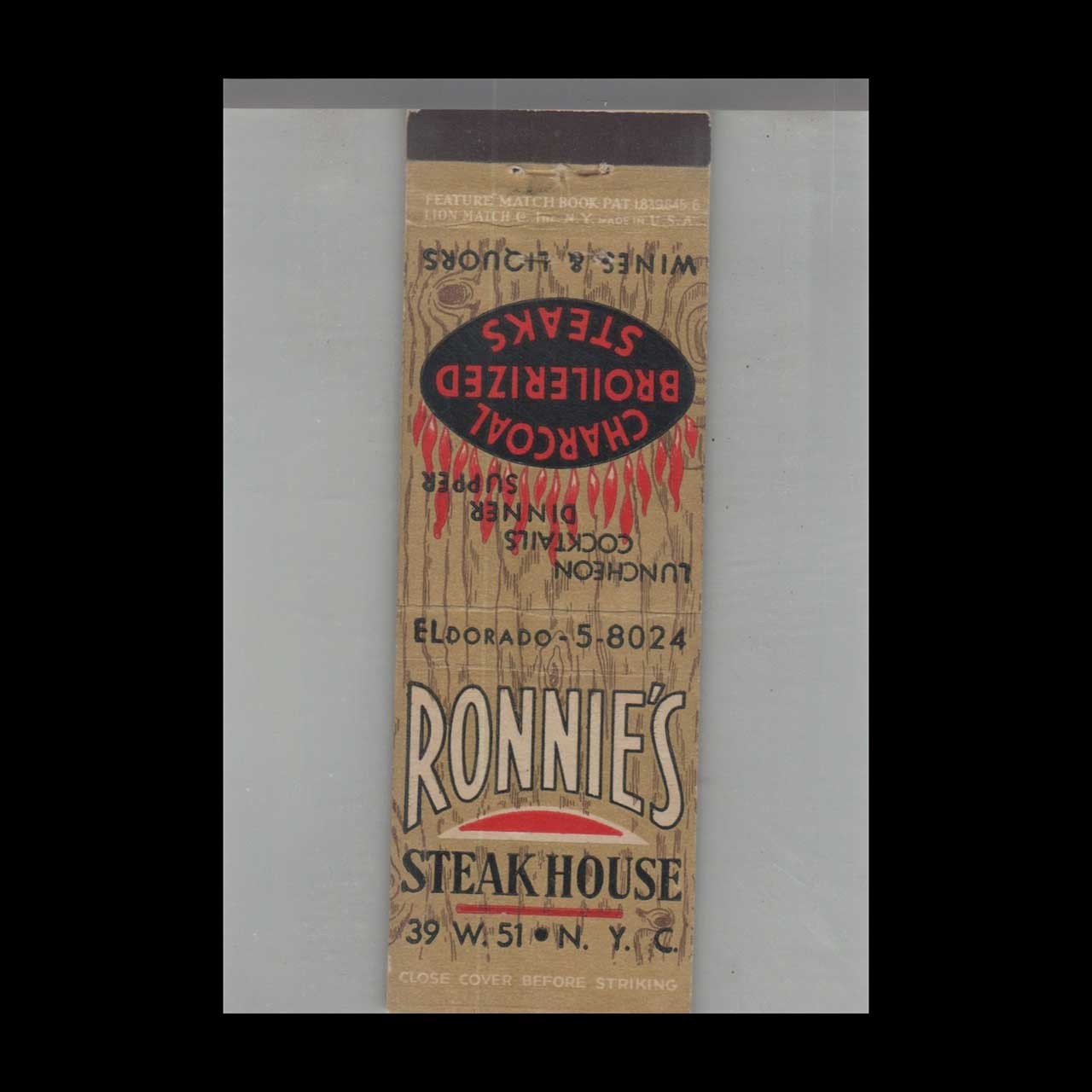 Matchbook Cover Ronnie\'s Steak House New York, Ny