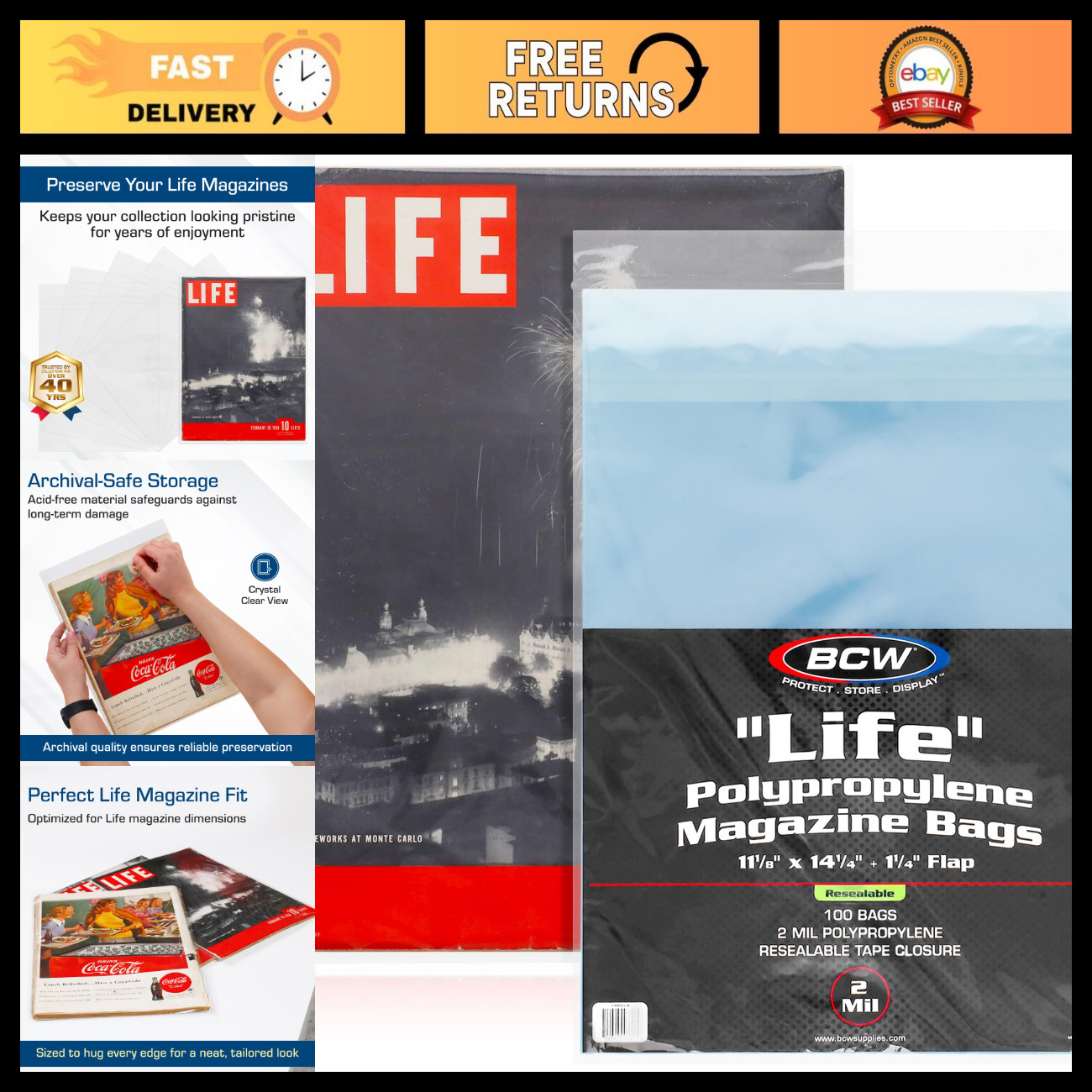 100 Resealable Magazine Bags - Crystal Clear Polypropylene, Archival Quality, 11