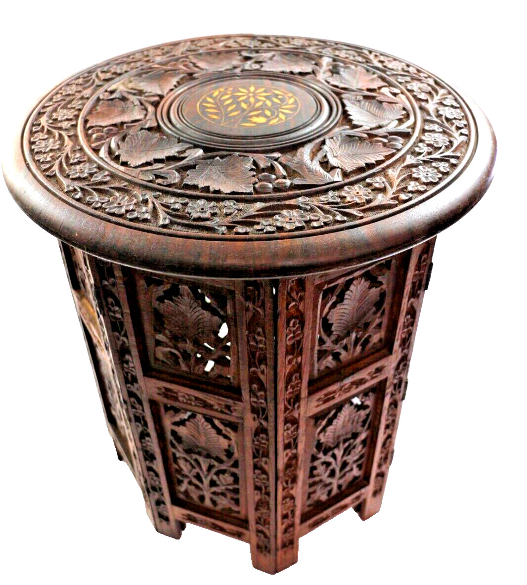 Very Finely Carved Colonial Teakwood inlaid Folding India Side table