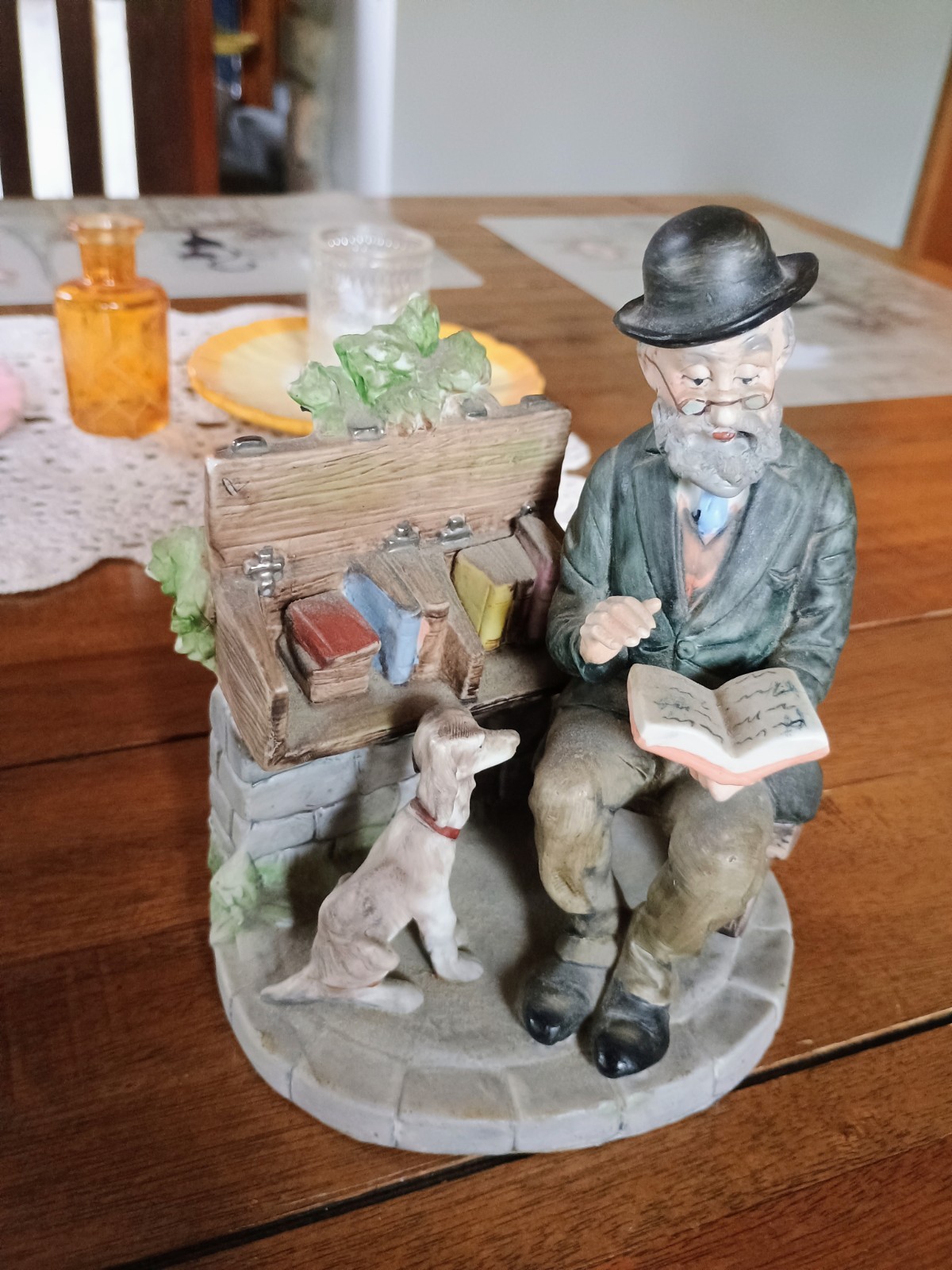 Vintage Lefton China Japan Old Man Bookseller Dog Bench Hand Painted #2432