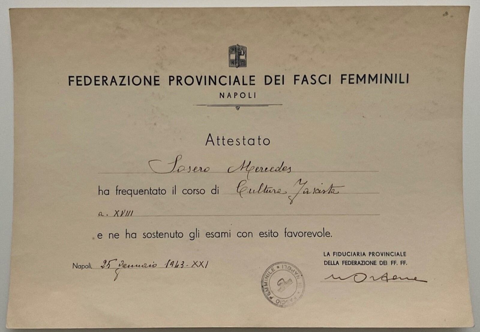 NAPOLI ASSOCIAZIONE FEMMINILE DI PARTITO DIPLOMA CORSO DI CULTURA A.XXI° 1943
